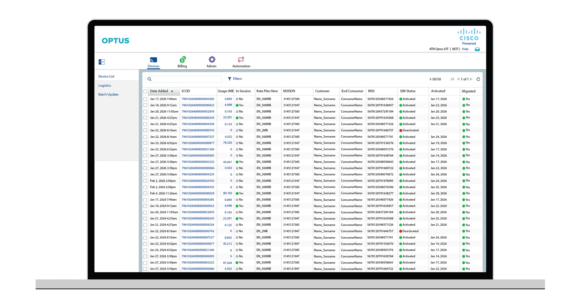 Jasper Platform — Device List View