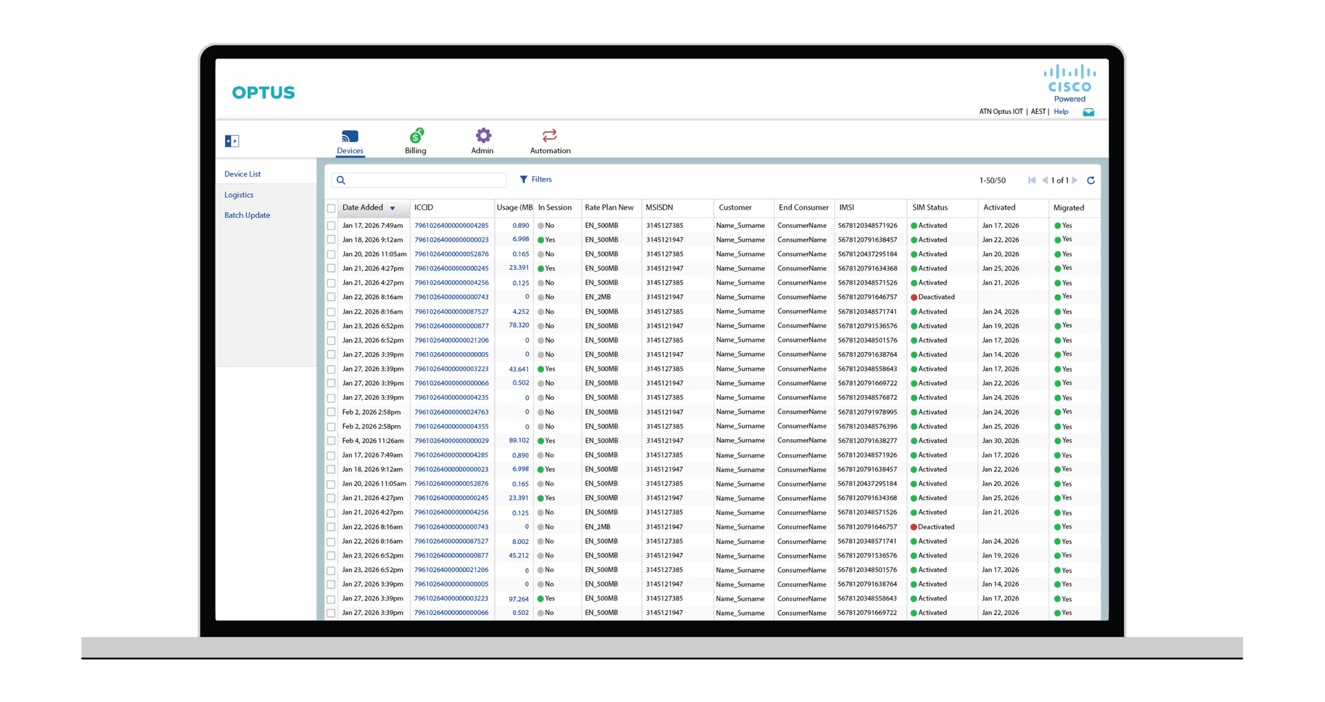 Jasper Platform — Device List View